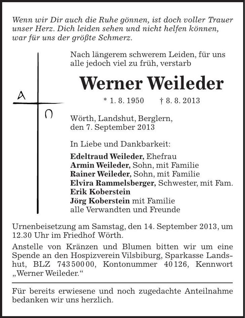 Traueranzeige Werner Weileder