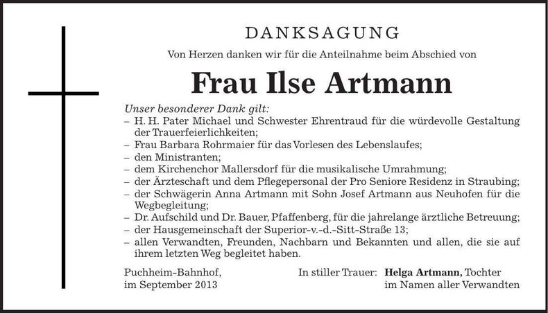 Traueranzeige Ilse Artmann