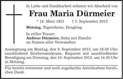 Traueranzeige Maria Dürmeier