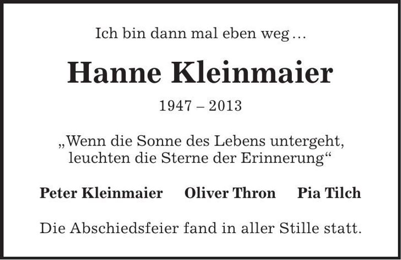 Traueranzeige Hanne Kleinmaier