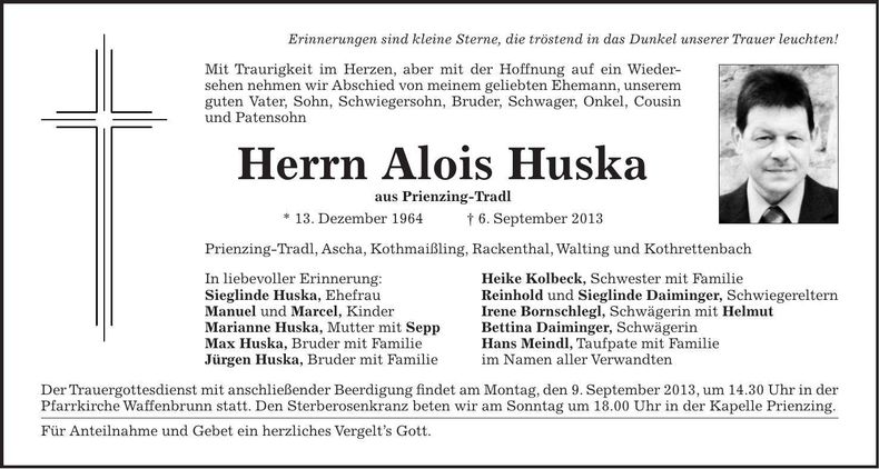 Traueranzeige Alois Huska