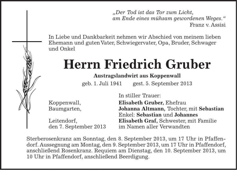 Traueranzeige Friedrich Gruber