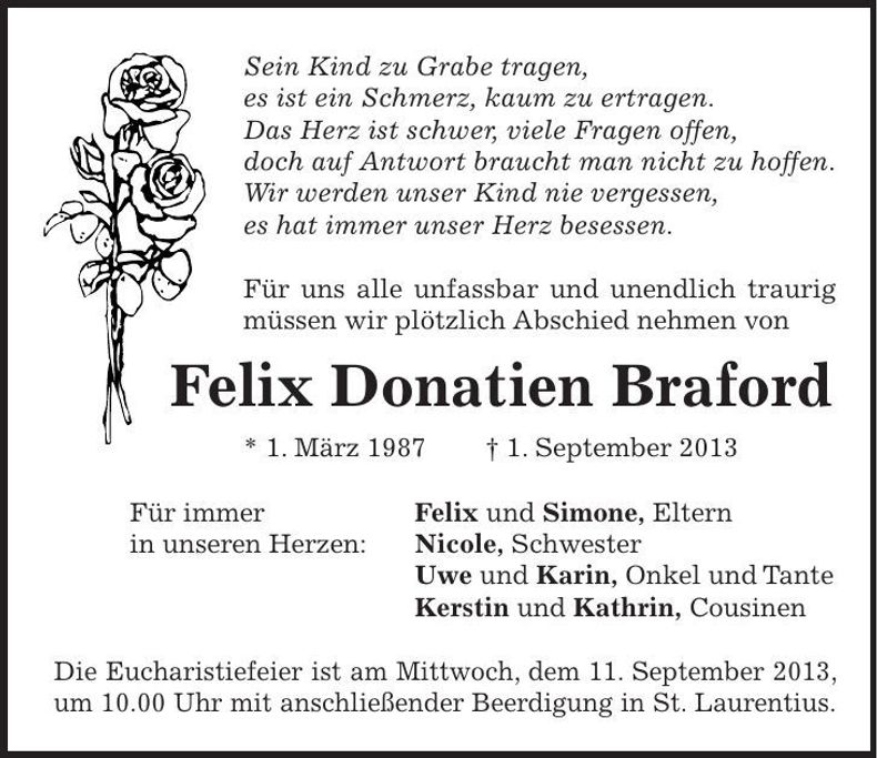 Traueranzeige Donatien Braford Felix