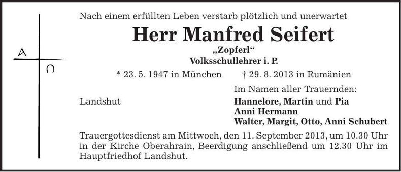 Traueranzeige Manfred Seifert