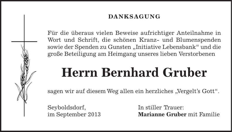 Traueranzeige Bernhard Gruber
