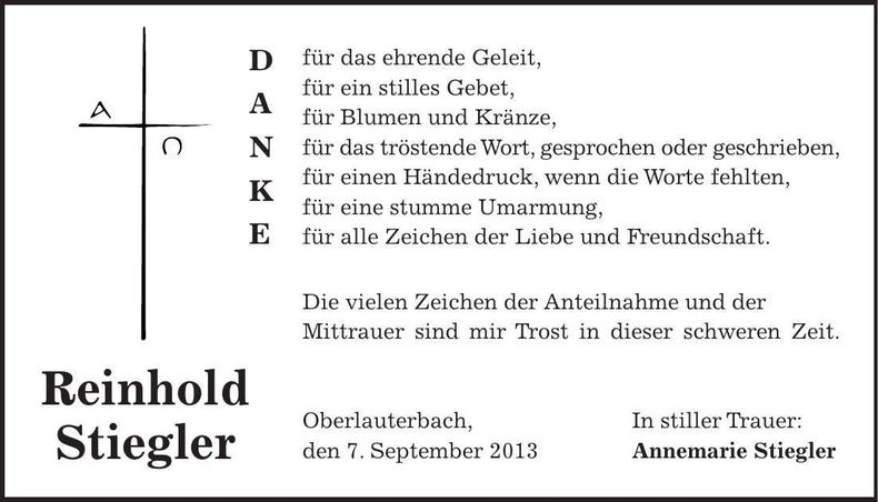 Traueranzeige Reinhold Stiegler