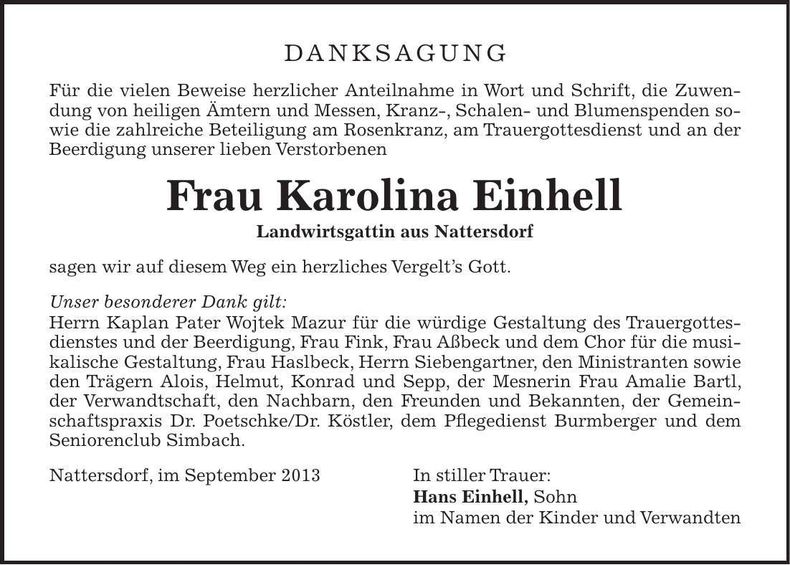 Traueranzeige Karolina Einhell