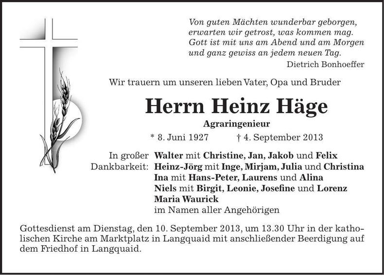 Traueranzeige Heinz Häge