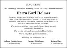 Traueranzeige Karl Holmer
