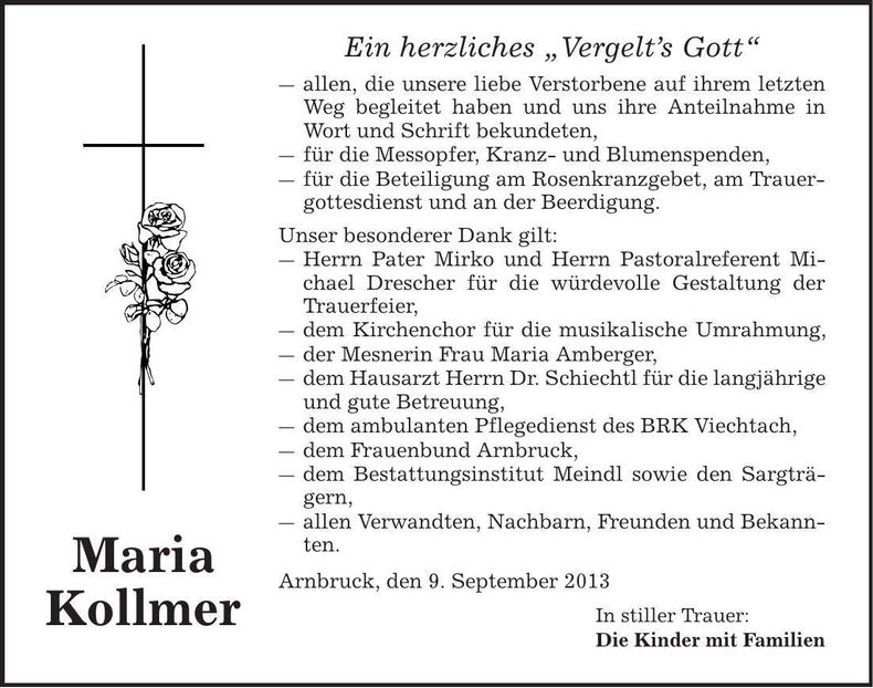 Traueranzeige Maria Kollmer
