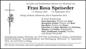 Traueranzeige Rosa Speiseder