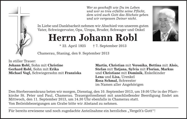 Traueranzeige Johann Robl