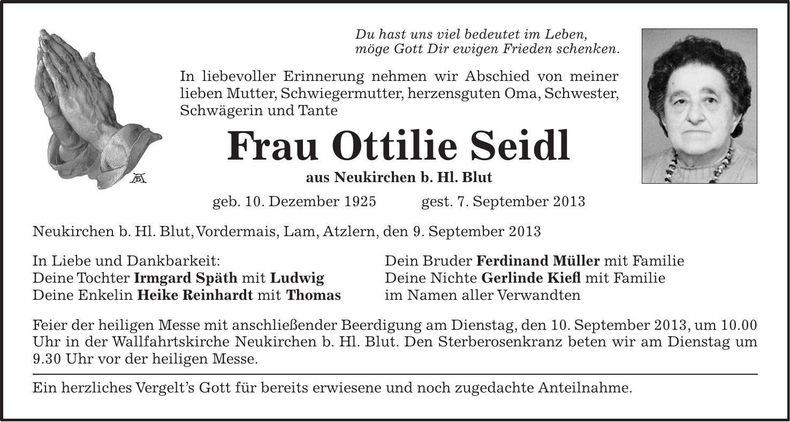 Traueranzeige Ottilie Seidl