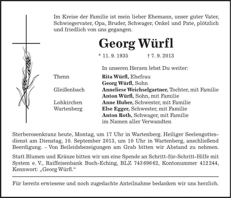 Traueranzeige Georg Würfl