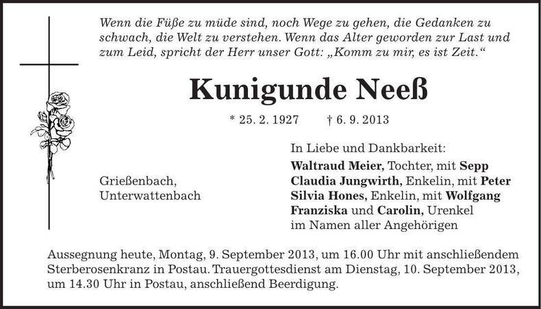 Traueranzeige Kunigunde Neeß