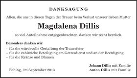 Traueranzeige Magdalena Dillis