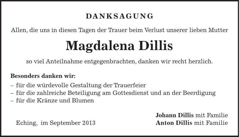 Traueranzeige Magdalena Dillis