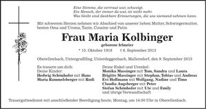 Traueranzeige Maria Kolbinger
