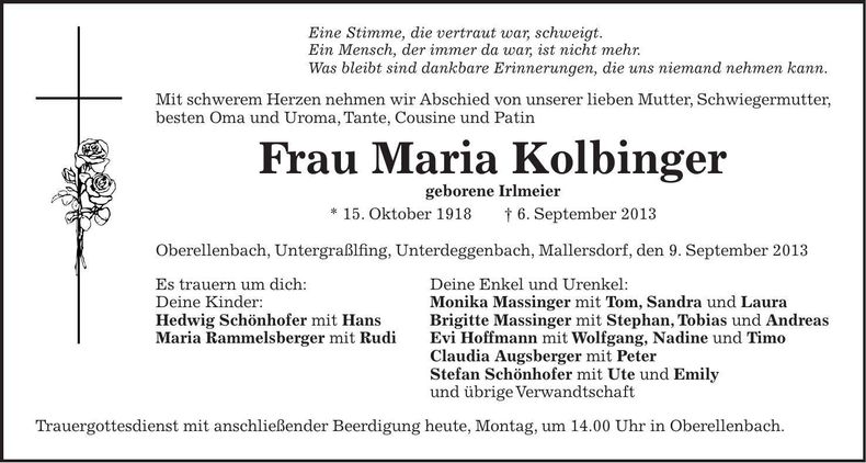 Traueranzeige Maria Kolbinger