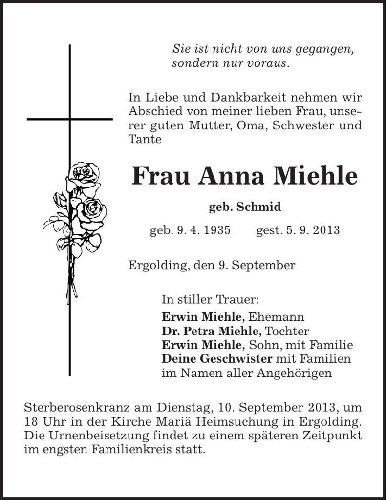 Traueranzeige Anna Miehle