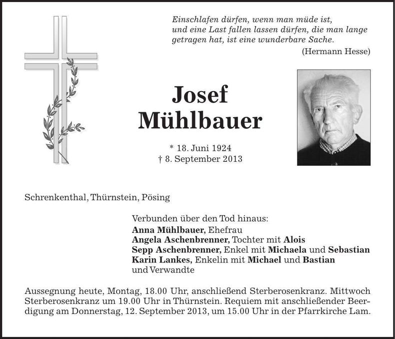 Traueranzeige Josef Mühlbauer