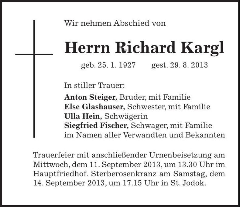 Traueranzeige Richard Kargl