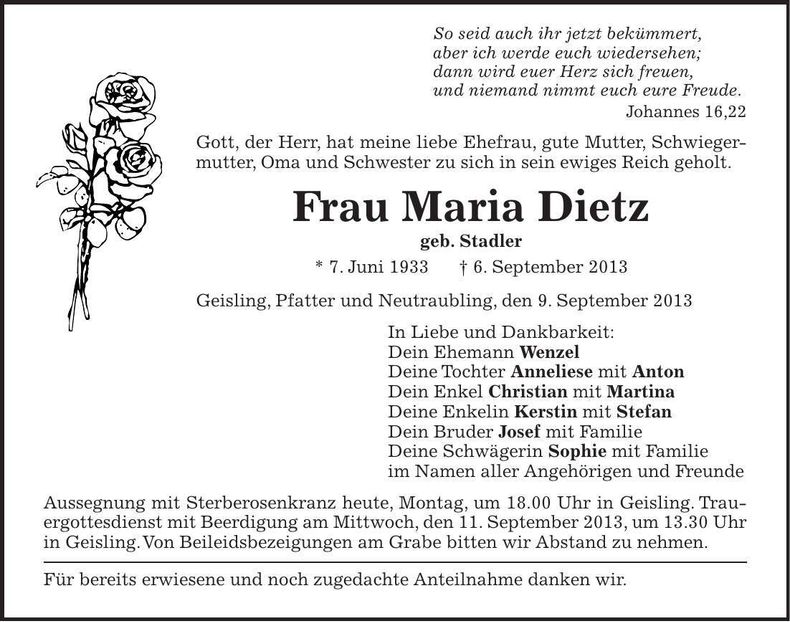 Traueranzeige Maria Dietz