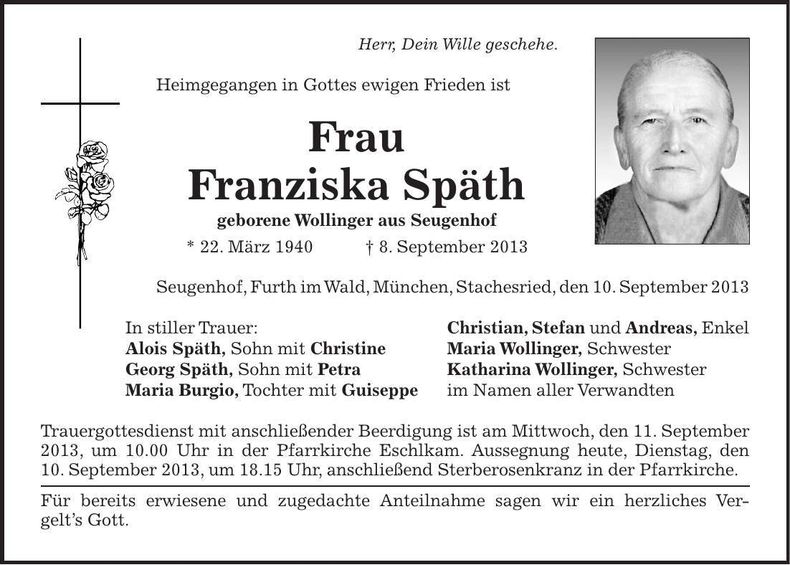Traueranzeige Franziska Späth