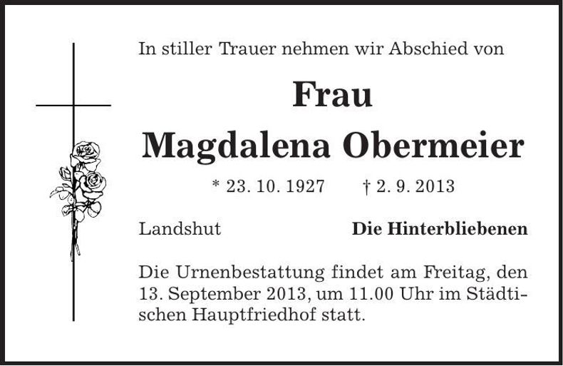 Traueranzeige Magdalena Obermeier
