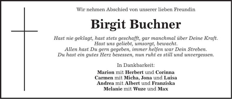 Traueranzeige Birgit Buchner