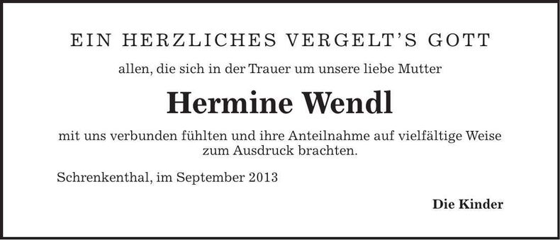 Traueranzeige Hermine Wendl