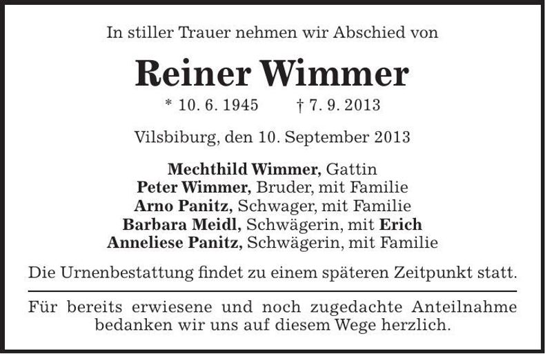 Traueranzeige Reiner Wimmer