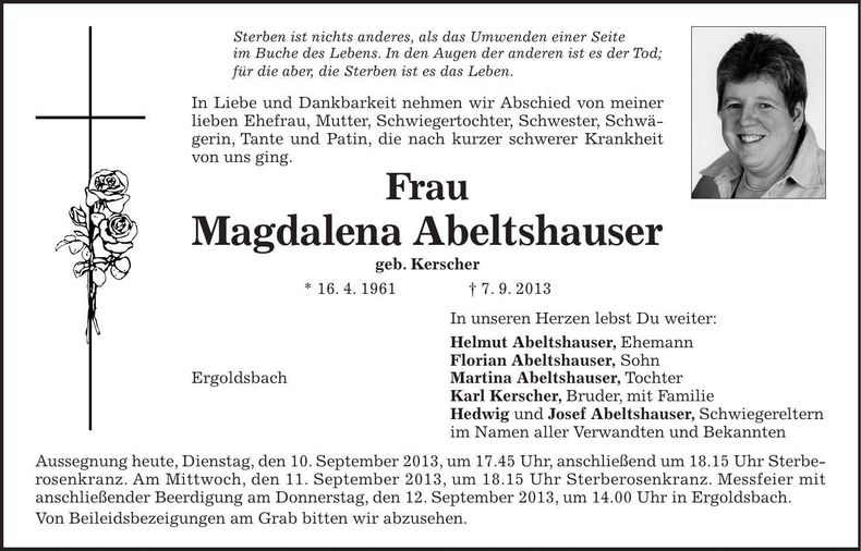 Traueranzeige Magdalena Abeltshauser