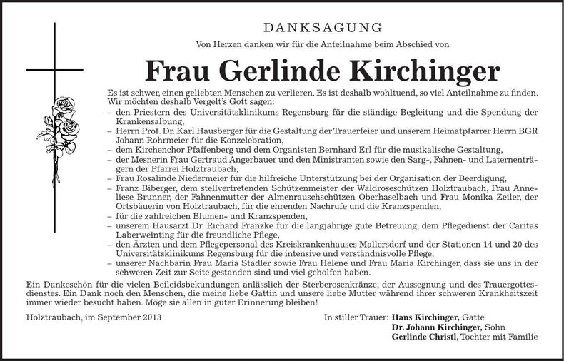 Traueranzeige Gerlinde Kirchinger