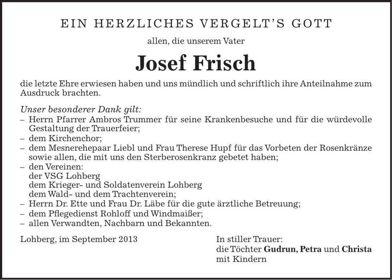 Traueranzeige Josef Frisch