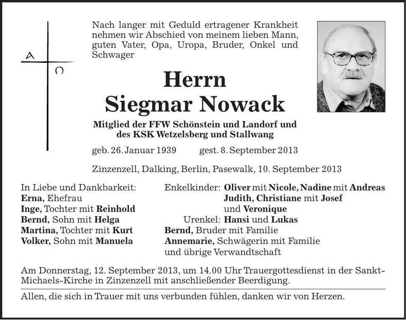 Traueranzeige Siegmar Nowack