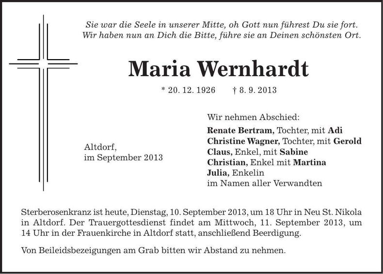 Traueranzeige Maria Wernhardt