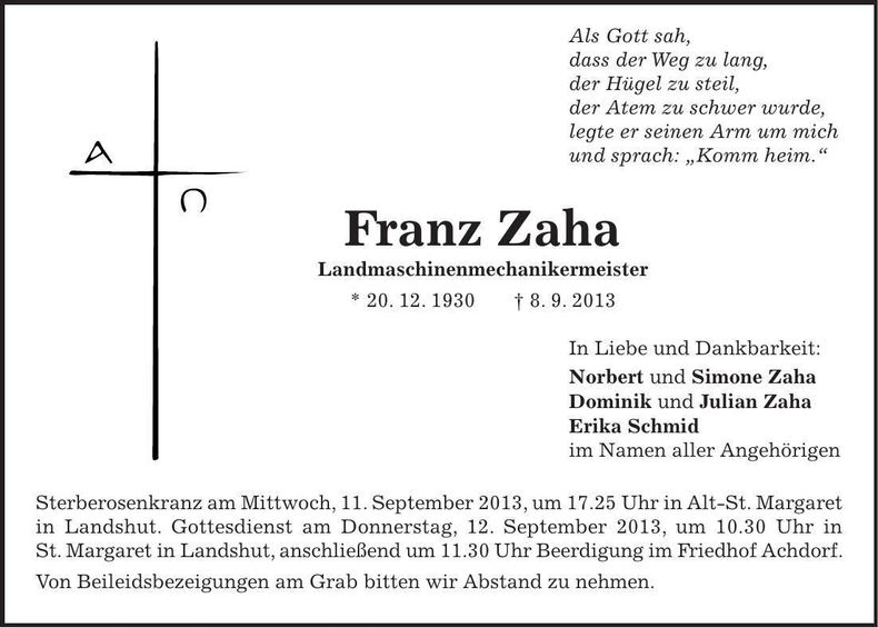 Traueranzeige Franz Zaha