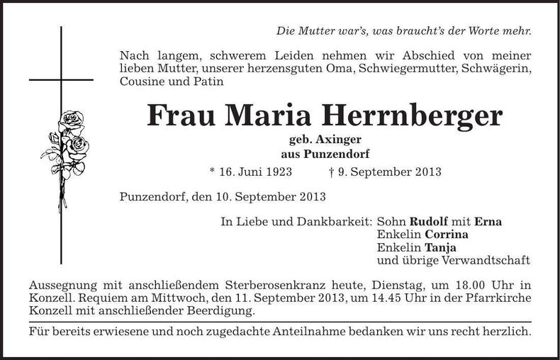 Traueranzeige Maria Herrnberger
