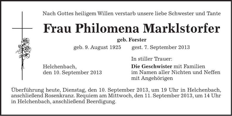 Traueranzeige Philomena Marklstorfer