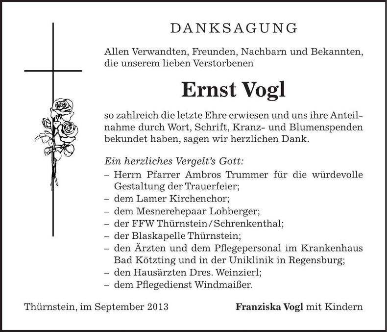 Traueranzeige Ernst Vogl
