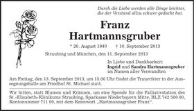 Traueranzeige Franz Hartmannsgruber