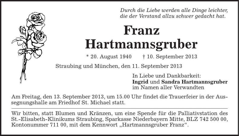 Traueranzeige Franz Hartmannsgruber
