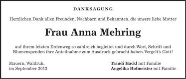 Traueranzeige Anna Mehring