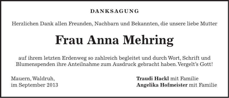 Traueranzeige Anna Mehring