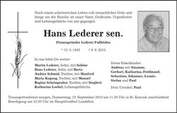 Traueranzeige Hans Lederer sen.