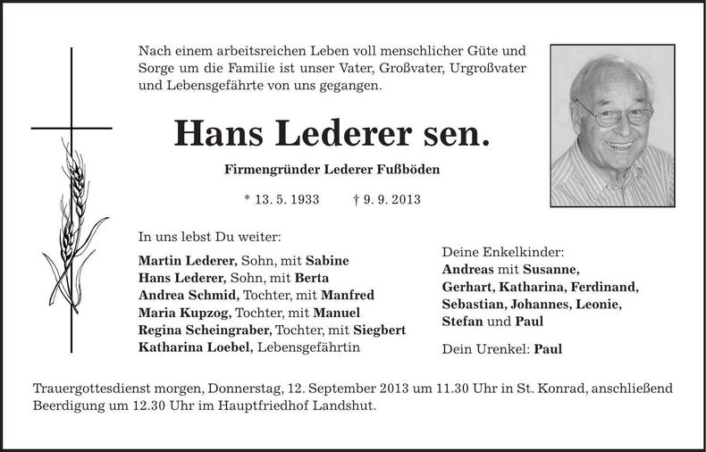 Traueranzeige Hans Lederer sen.