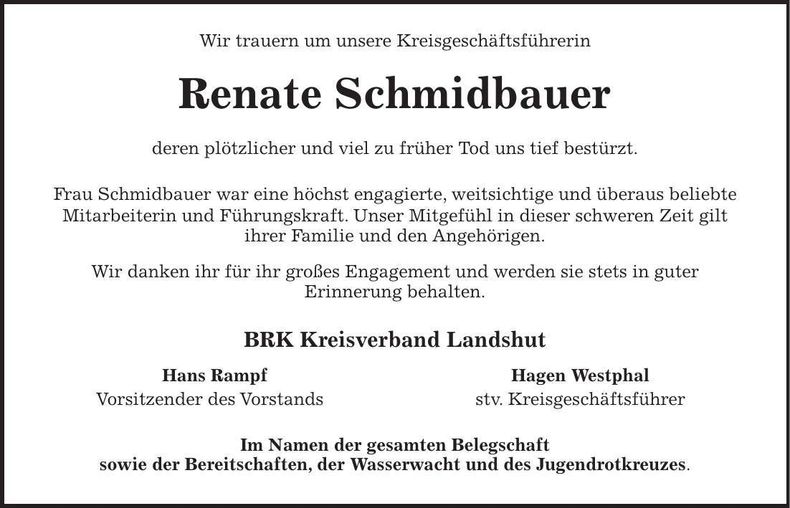 Traueranzeige Renate Schmidbauer