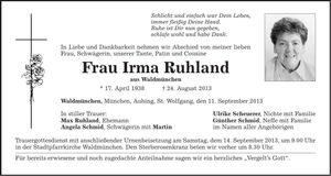 Traueranzeige Irma Ruhland