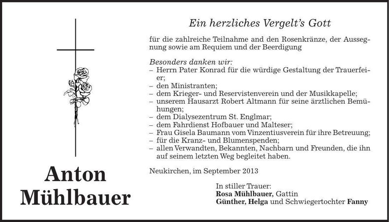 Traueranzeige Anton Mühlbauer
